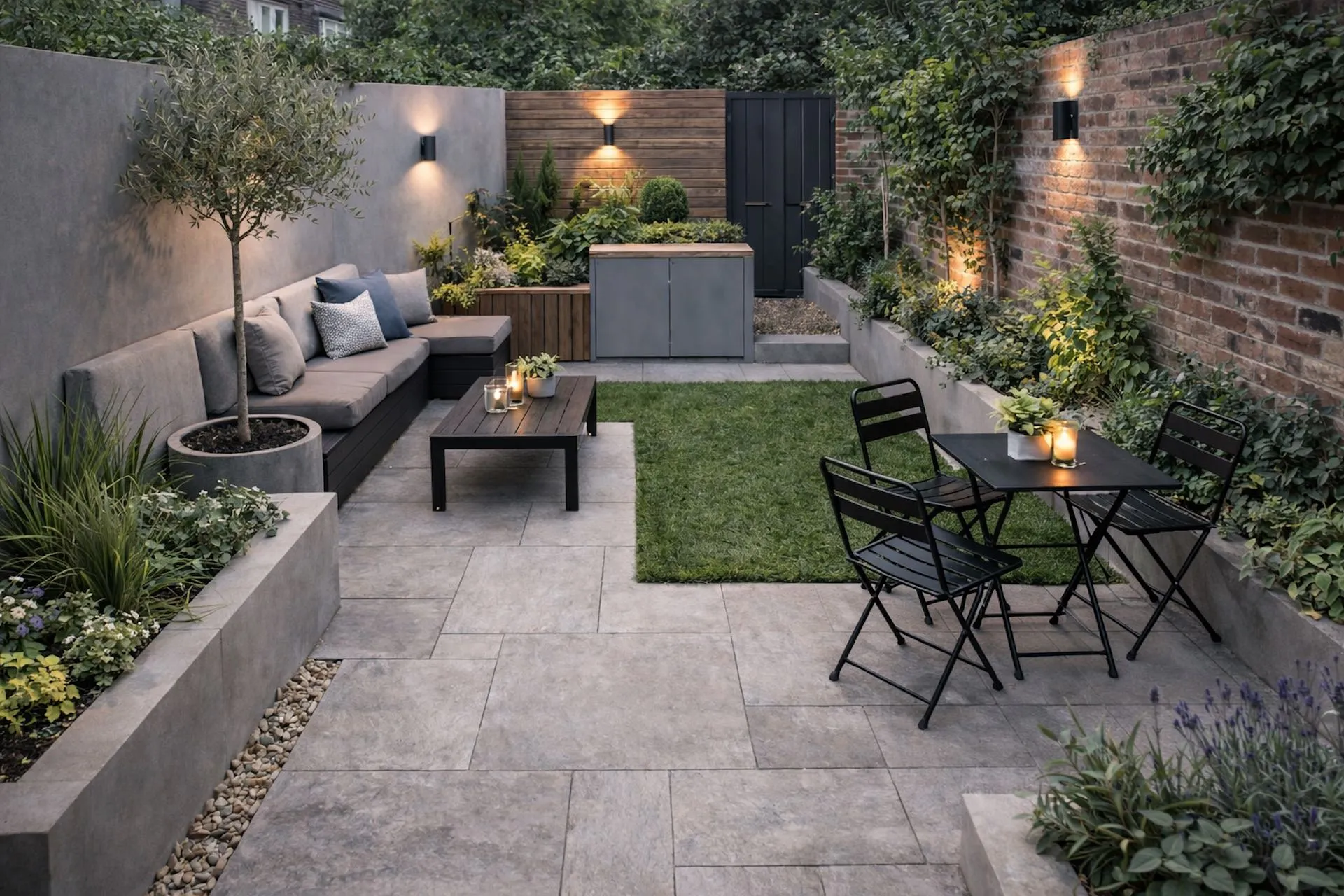 Jardin minimaliste épuré avec massifs structurés