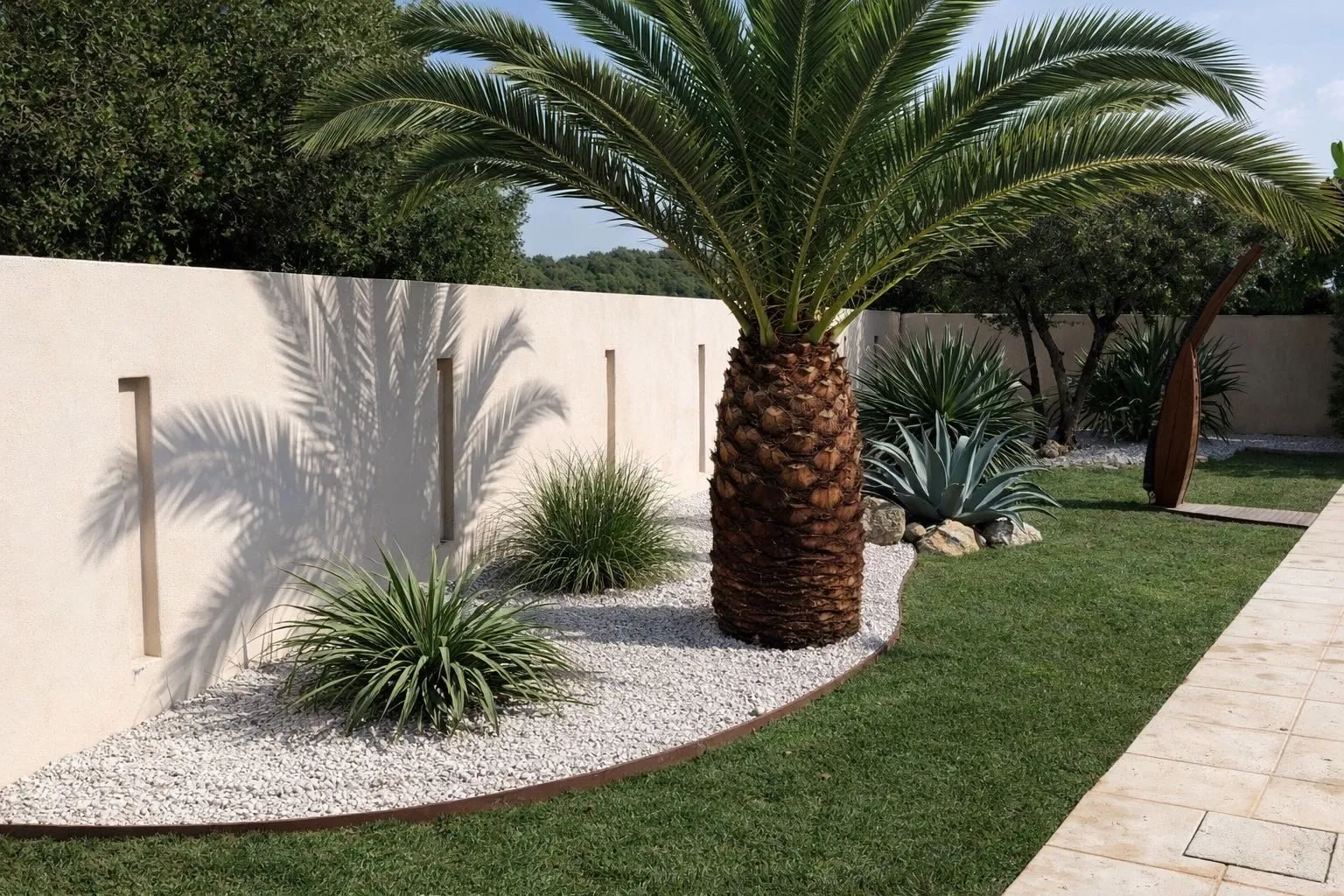 Palmier et plantations sur gravier le long d'un mur blanc